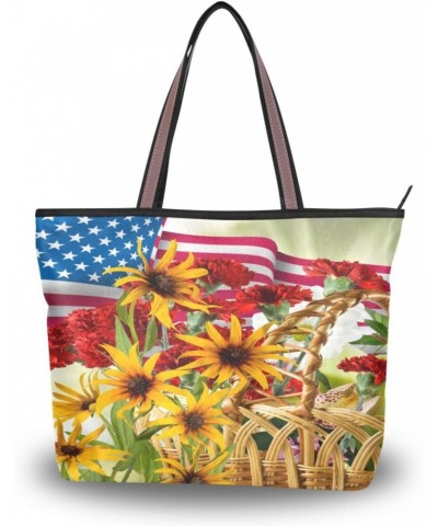 Womens Tote Bag, American Flag and Flowers Ladies Zip Shoulder Handbags $9.60 Shoulder Bags