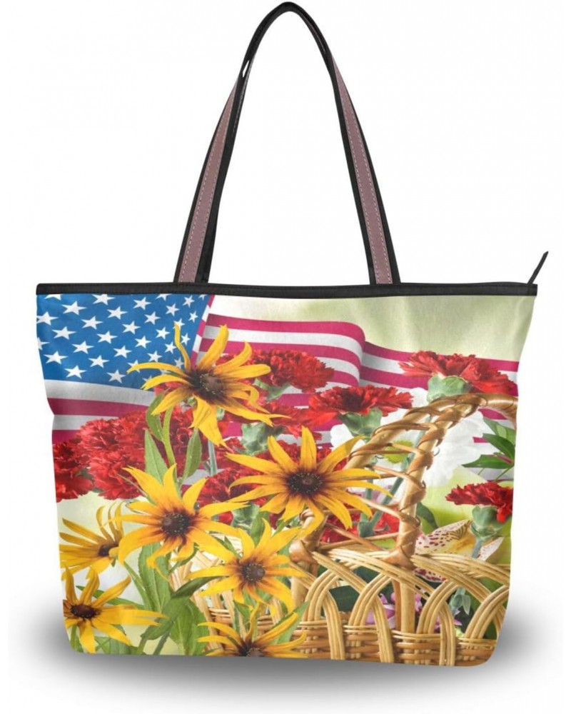 Womens Tote Bag, American Flag and Flowers Ladies Zip Shoulder Handbags $9.60 Shoulder Bags