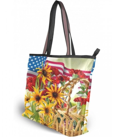 Womens Tote Bag, American Flag and Flowers Ladies Zip Shoulder Handbags $9.60 Shoulder Bags