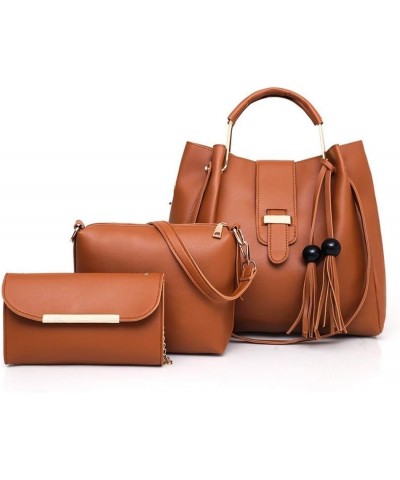 Women's 3Pcs Handbag Set Retro PU Leather Tassel Shoulder Shopping Bag Brown $37.70 Totes