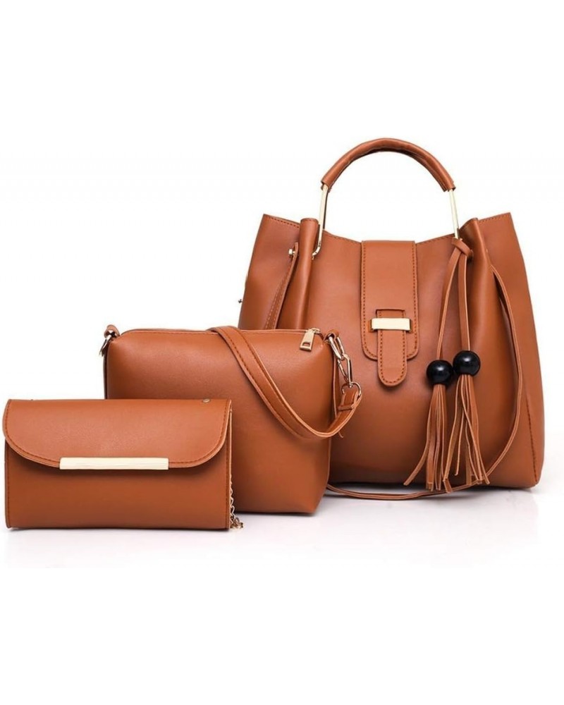 Women's 3Pcs Handbag Set Retro PU Leather Tassel Shoulder Shopping Bag Brown $37.70 Totes