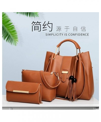 Women's 3Pcs Handbag Set Retro PU Leather Tassel Shoulder Shopping Bag Brown $37.70 Totes