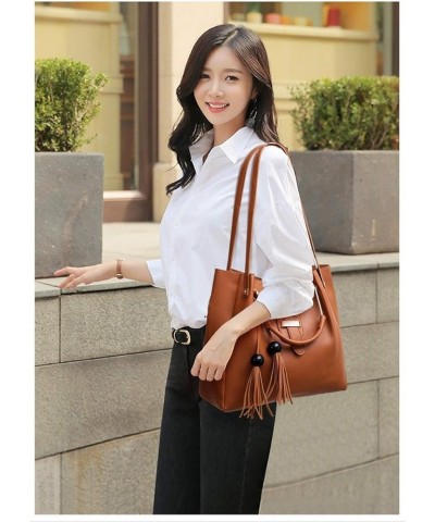 Women's 3Pcs Handbag Set Retro PU Leather Tassel Shoulder Shopping Bag Brown $37.70 Totes