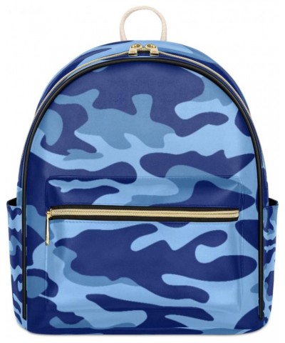 Blue Camouflage Camo Mini Backpack Purse for Women Teen Girls, Camo Print Leather Small Backpack Lightweight Casual Travel Da...