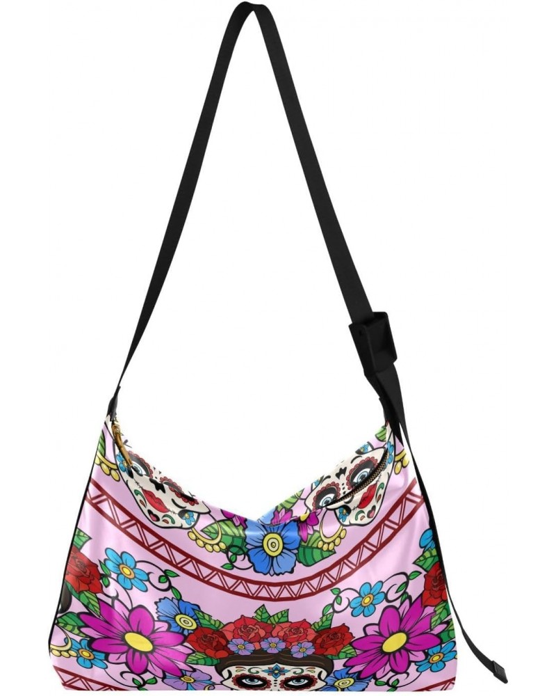 Sugar Skull Hobo Crossbody Bags for Women Leather Large Shoulder Bag Cross Body Mexican Trendy Womens Tote Bags Handbag for T...