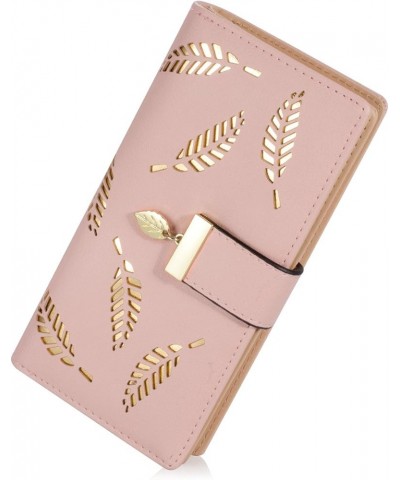 Women's Long Leaf Bifold Wallet Leather Card Holder Purse Zipper Buckle Elegant Clutch Wallet Handbag for Women - Pink Pink $...