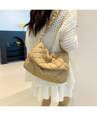 Women Winter Quilted Bag Shoulder Bag Trendy Casual Shopping Bag Handbag Khaki $7.78 Shoulder Bags