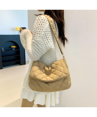 Women Winter Quilted Bag Shoulder Bag Trendy Casual Shopping Bag Handbag Khaki $7.78 Shoulder Bags