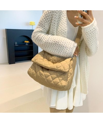 Women Winter Quilted Bag Shoulder Bag Trendy Casual Shopping Bag Handbag Khaki $7.78 Shoulder Bags