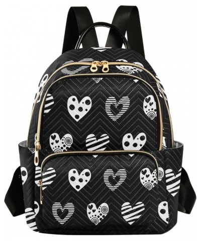 Black and White Hearts Mini Backpack Purse for Women, Pretty Valentine Travel Backpack Fashion Backpack Lightweight Shoulder ...