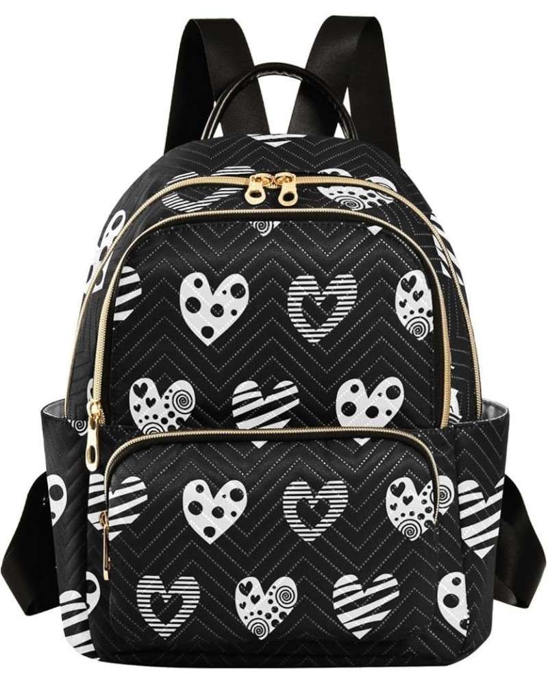 Black and White Hearts Mini Backpack Purse for Women, Pretty Valentine Travel Backpack Fashion Backpack Lightweight Shoulder ...