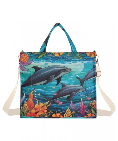 Dolphins Coral Corduroy Women Tote Bag, Handbag Purse with Detachable Strap $15.04 Crossbody Bags