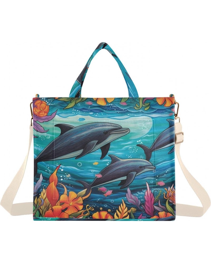 Dolphins Coral Corduroy Women Tote Bag, Handbag Purse with Detachable Strap $15.04 Crossbody Bags