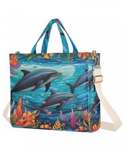 Dolphins Coral Corduroy Women Tote Bag, Handbag Purse with Detachable Strap $15.04 Crossbody Bags