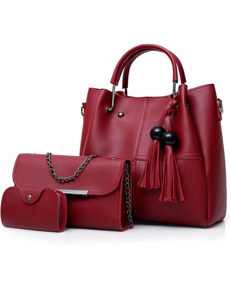 Fashion Bucket Tote Bag 3 Pcs Set Women Handbag Shoulder Bag Waterproof Red $26.77 Totes