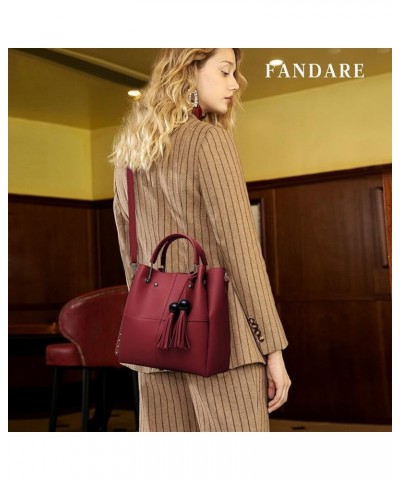 Fashion Bucket Tote Bag 3 Pcs Set Women Handbag Shoulder Bag Waterproof Red $26.77 Totes