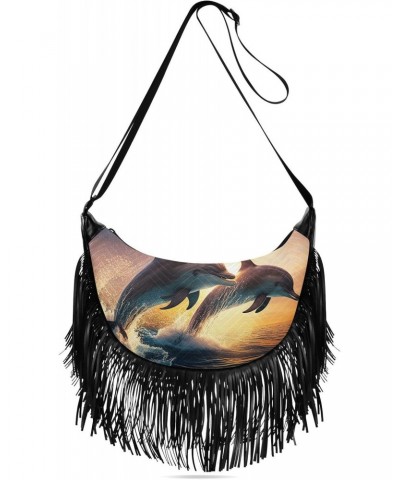 Women's Fringe Crossbody Tassel Purse Jumping Dolphins Hobo Shoulder Bags Crossbody Handbag with Adjustable Shoulder Straps $...