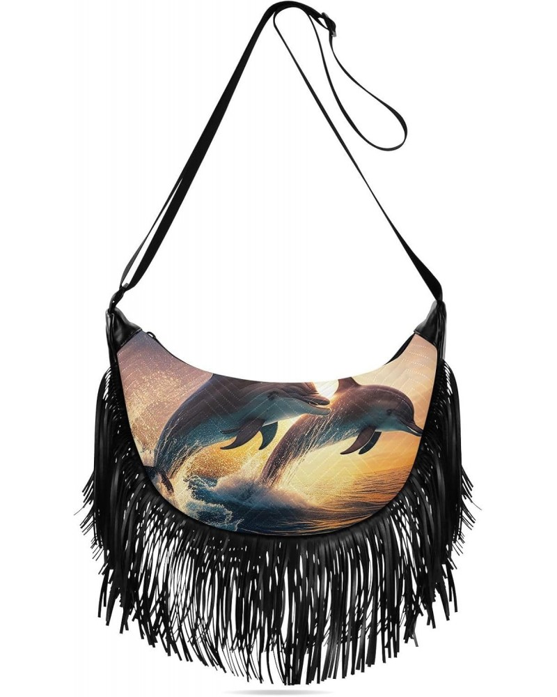 Women's Fringe Crossbody Tassel Purse Jumping Dolphins Hobo Shoulder Bags Crossbody Handbag with Adjustable Shoulder Straps $...