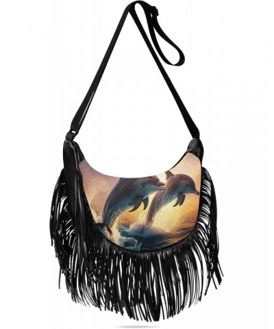 Women's Fringe Crossbody Tassel Purse Jumping Dolphins Hobo Shoulder Bags Crossbody Handbag with Adjustable Shoulder Straps $...