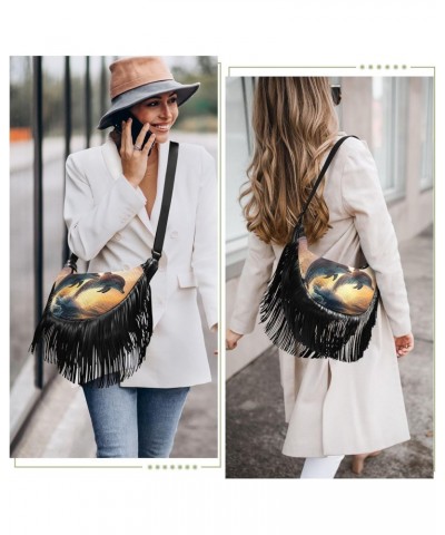 Women's Fringe Crossbody Tassel Purse Jumping Dolphins Hobo Shoulder Bags Crossbody Handbag with Adjustable Shoulder Straps $...