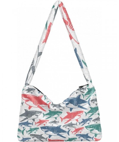 Sharks Furry Tote Bag for Women Crossbody Bag Shopping Shoulder Bag Shopping Work Bag with Zipper for Men $11.12 Totes