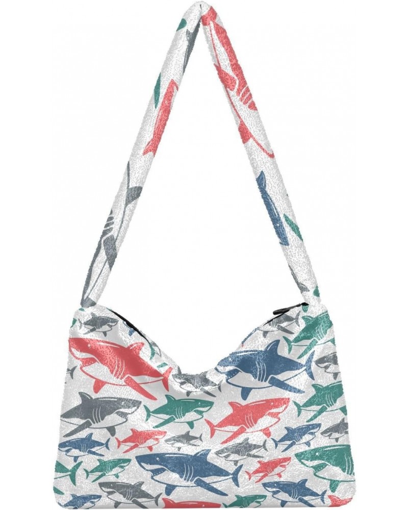 Sharks Furry Tote Bag for Women Crossbody Bag Shopping Shoulder Bag Shopping Work Bag with Zipper for Men $11.12 Totes