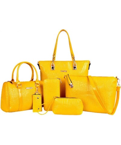 6-PC Women Handbag+Shoulder Bag+Crossbody Bag+Purse+Clutch+Key Bag Crocodile Pattern Top-Handle Tote Fashion Satchel Yellow $...