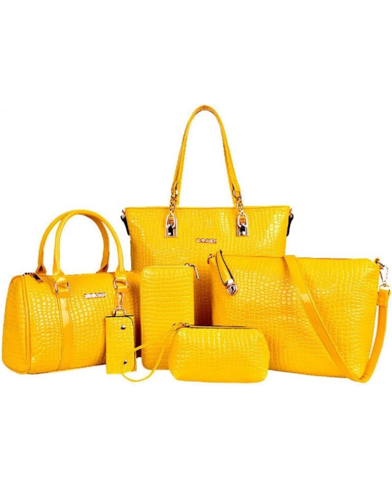 6-PC Women Handbag+Shoulder Bag+Crossbody Bag+Purse+Clutch+Key Bag Crocodile Pattern Top-Handle Tote Fashion Satchel Yellow $...