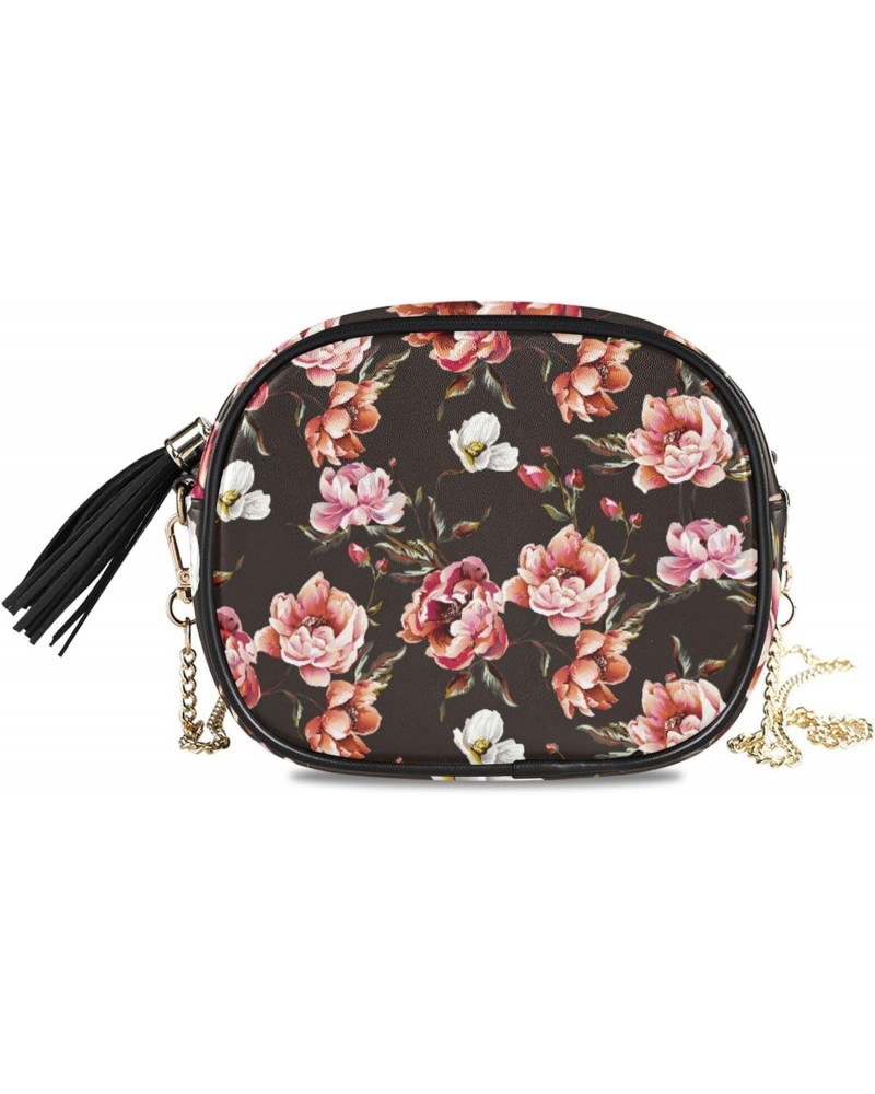 Small Crossbody Bag Bright Pink Peony Flowers Womens Shoulder Chain Bag PU Leather Small Purse With Tassel $10.80 Shoulder Bags