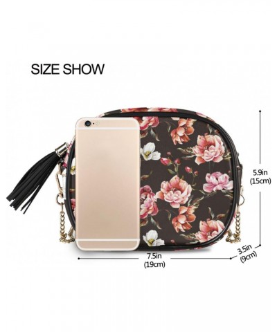 Small Crossbody Bag Bright Pink Peony Flowers Womens Shoulder Chain Bag PU Leather Small Purse With Tassel $10.80 Shoulder Bags