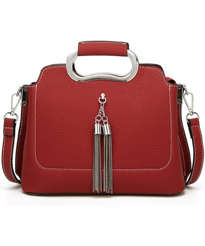 Top Handle Handbag for Women Tassel Shoulder Bag Soft Faux Leather Crossbody Bag Retro Satchel Red $36.25 Totes