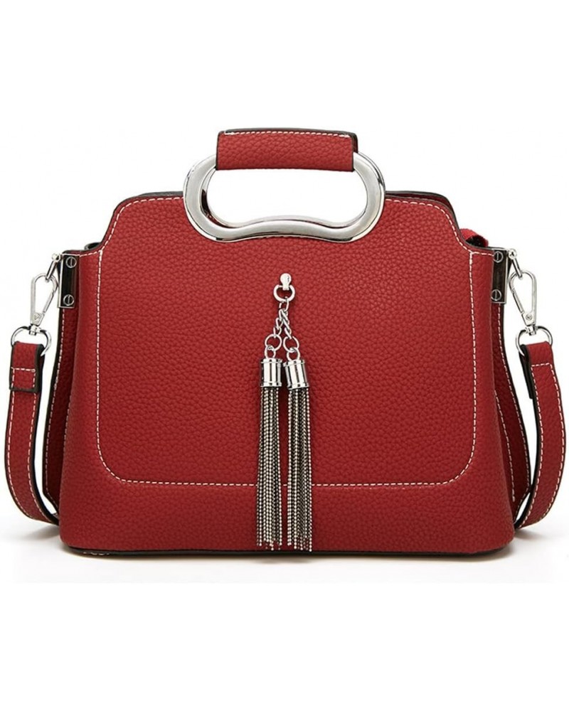 Top Handle Handbag for Women Tassel Shoulder Bag Soft Faux Leather Crossbody Bag Retro Satchel Red $36.25 Totes