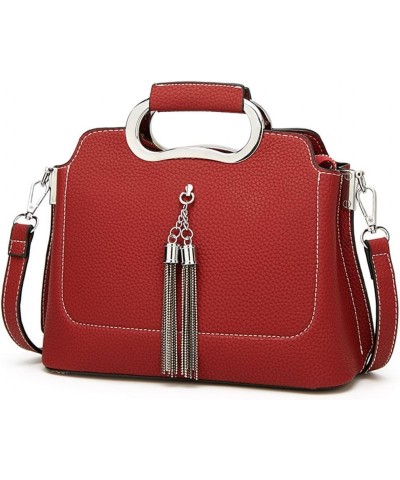 Top Handle Handbag for Women Tassel Shoulder Bag Soft Faux Leather Crossbody Bag Retro Satchel Red $36.25 Totes