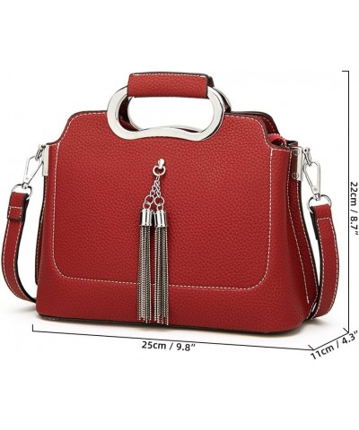 Top Handle Handbag for Women Tassel Shoulder Bag Soft Faux Leather Crossbody Bag Retro Satchel Red $36.25 Totes