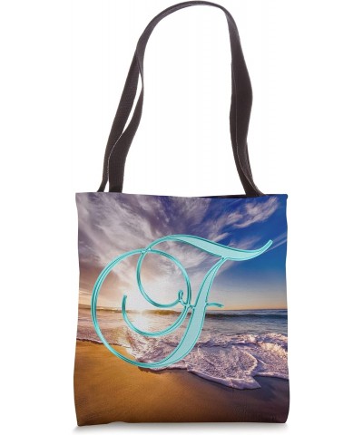 F Teal Beach Ocean Sunset Sand Wave Initial Letter Name Tote Bag $10.71 Totes