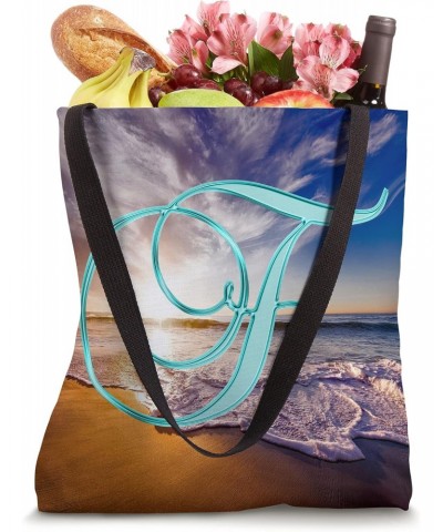 F Teal Beach Ocean Sunset Sand Wave Initial Letter Name Tote Bag $10.71 Totes