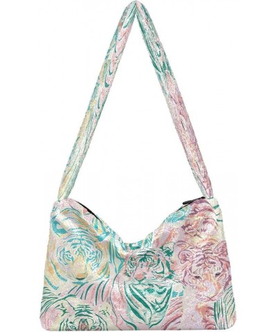 Floral Printed Colorful Shoulder Handbags Purse, Fuzzy Tote Crossbody Hobo Handbag Pastel Color Animal Tigers Art $11.75 Totes