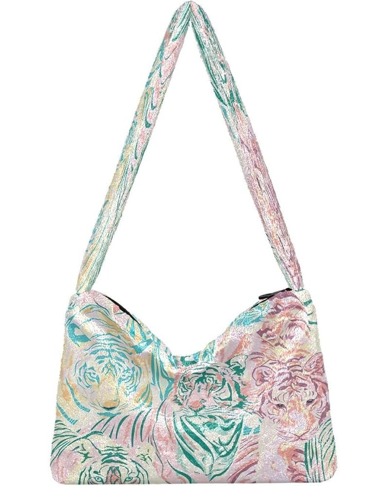 Floral Printed Colorful Shoulder Handbags Purse, Fuzzy Tote Crossbody Hobo Handbag Pastel Color Animal Tigers Art $11.75 Totes