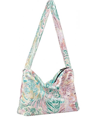 Floral Printed Colorful Shoulder Handbags Purse, Fuzzy Tote Crossbody Hobo Handbag Pastel Color Animal Tigers Art $11.75 Totes