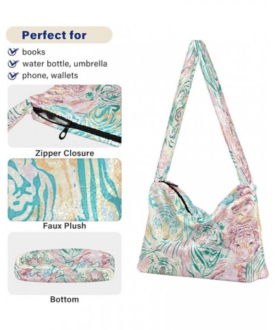 Floral Printed Colorful Shoulder Handbags Purse, Fuzzy Tote Crossbody Hobo Handbag Pastel Color Animal Tigers Art $11.75 Totes