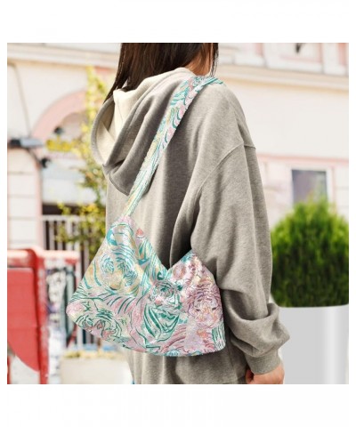 Floral Printed Colorful Shoulder Handbags Purse, Fuzzy Tote Crossbody Hobo Handbag Pastel Color Animal Tigers Art $11.75 Totes