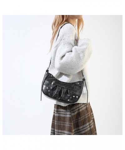 Rivet Crossbody Bag Punk Style Fashion Handbag Zipper Closure Crescent Bag Everyday Purse for Women and Girls Black $12.25 Ho...