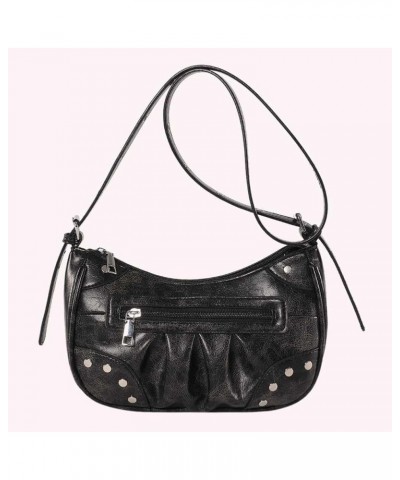 Rivet Crossbody Bag Punk Style Fashion Handbag Zipper Closure Crescent Bag Everyday Purse for Women and Girls Black $12.25 Ho...