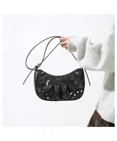 Rivet Crossbody Bag Punk Style Fashion Handbag Zipper Closure Crescent Bag Everyday Purse for Women and Girls Black $12.25 Ho...