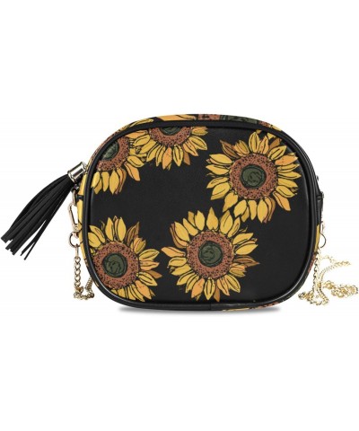 Small Crossbody Bag Sunflower Floral Black Womens Shoulder Chain Bag PU Leather Small Purse With Tassel $11.52 Shoulder Bags