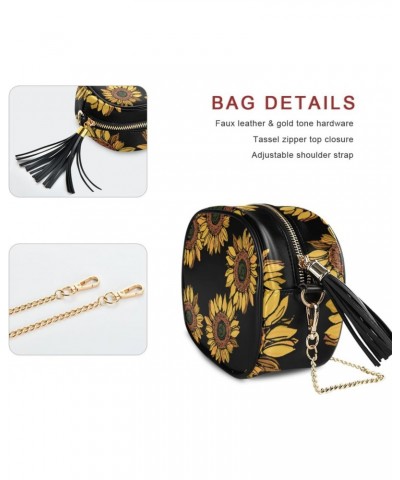 Small Crossbody Bag Sunflower Floral Black Womens Shoulder Chain Bag PU Leather Small Purse With Tassel $11.52 Shoulder Bags