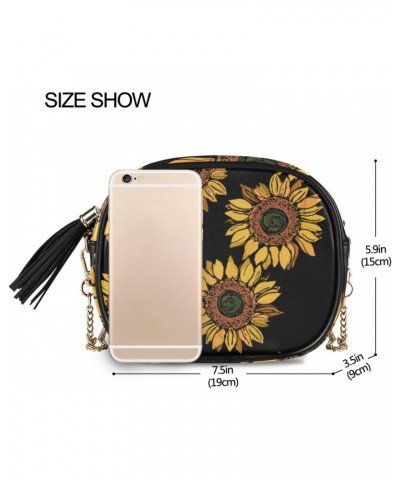 Small Crossbody Bag Sunflower Floral Black Womens Shoulder Chain Bag PU Leather Small Purse With Tassel $11.52 Shoulder Bags