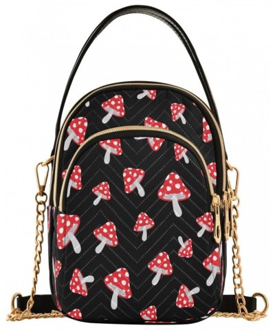 Red Mushroom on Black Small Chain Crossbody Travel Bag Handbag Cell Phone Purse for Women $11.00 Crossbody Bags