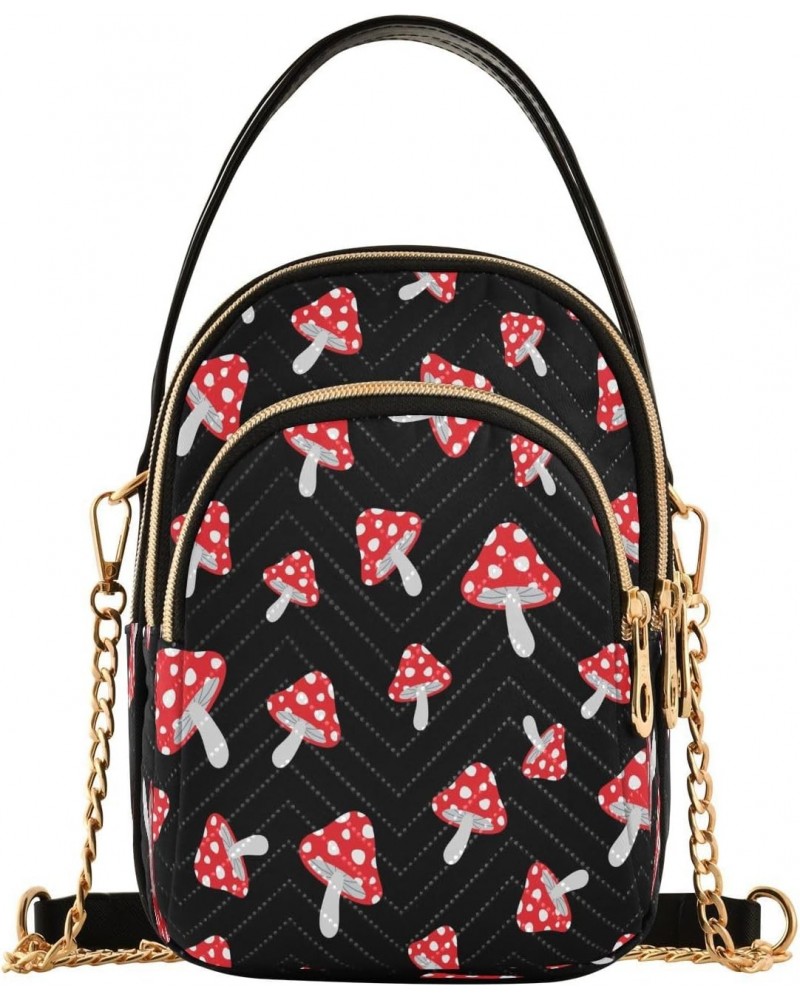 Red Mushroom on Black Small Chain Crossbody Travel Bag Handbag Cell Phone Purse for Women $11.00 Crossbody Bags