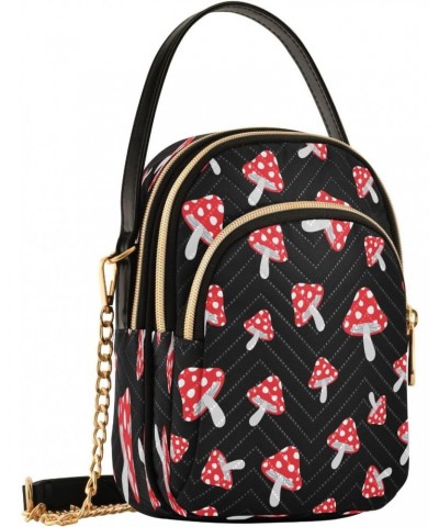 Red Mushroom on Black Small Chain Crossbody Travel Bag Handbag Cell Phone Purse for Women $11.00 Crossbody Bags